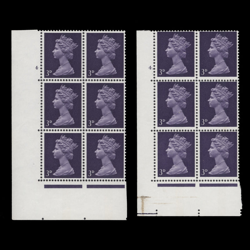 Great Britain 1968 (MNH) 3d Violet cylinder 4 and 4. blocks
