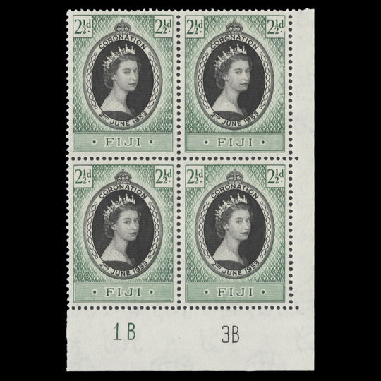 Fiji 1953 (MNH) 2½d Coronation plate 1B–3B block