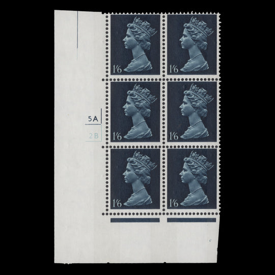 Great Britain 1968 (MNH) 1s 6d Indigo & Prussian Blue cyl 5A–2B block