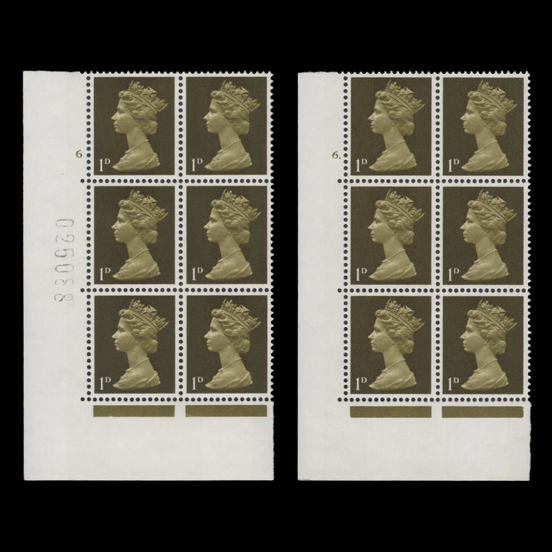 Great Britain 1968 (MNH) 1d Greenish Olive cylinder 6 and 6. blocks