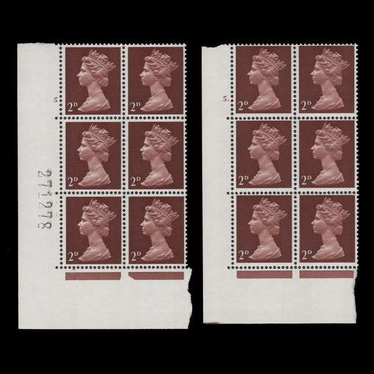 Great Britain 1969 (MNH) 2d Lake-Brown cylinder 5 and 5. blocks