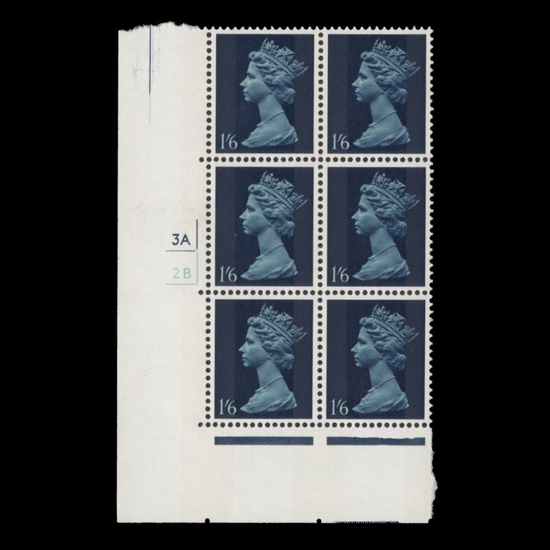 Great Britain 1968 (MNH) 1s 6d Deep Blue & Greenish Blue cyl 3A–2B block