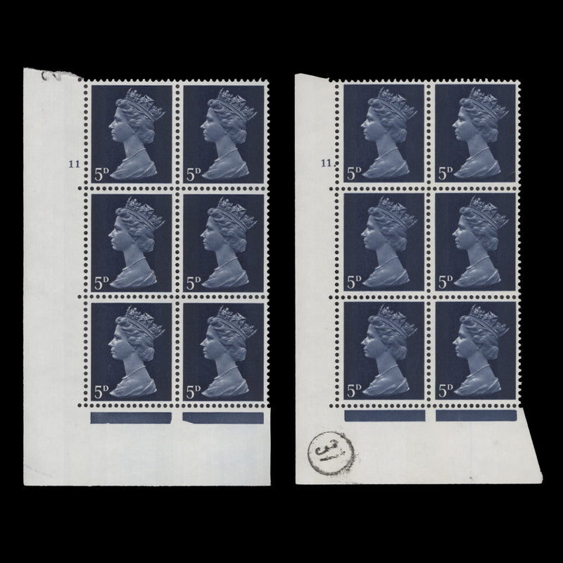 Great Britain 1968 (MNH) 5d Deep Blue cylinder 11 and 11. blocks