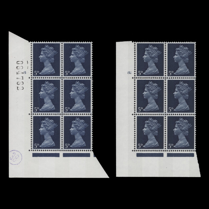 Great Britain 1968 (MNH) 5d Deep Blue cylinder 15 and 15. blocks