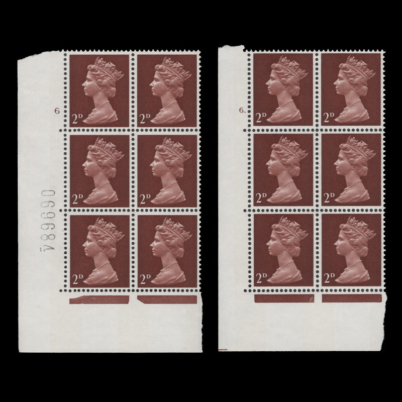 Great Britain 1969 (MNH) 2d Lake-Brown cylinder 6 and 6. blocks