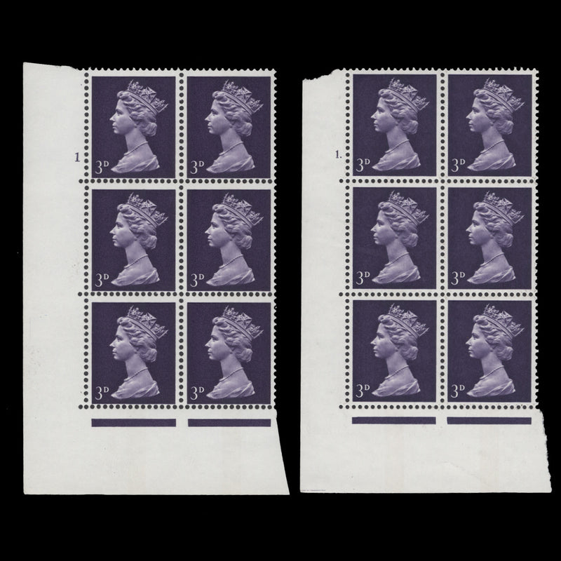 Great Britain 1968 (MNH) 3d Violet cylinder 1 and 1. blocks