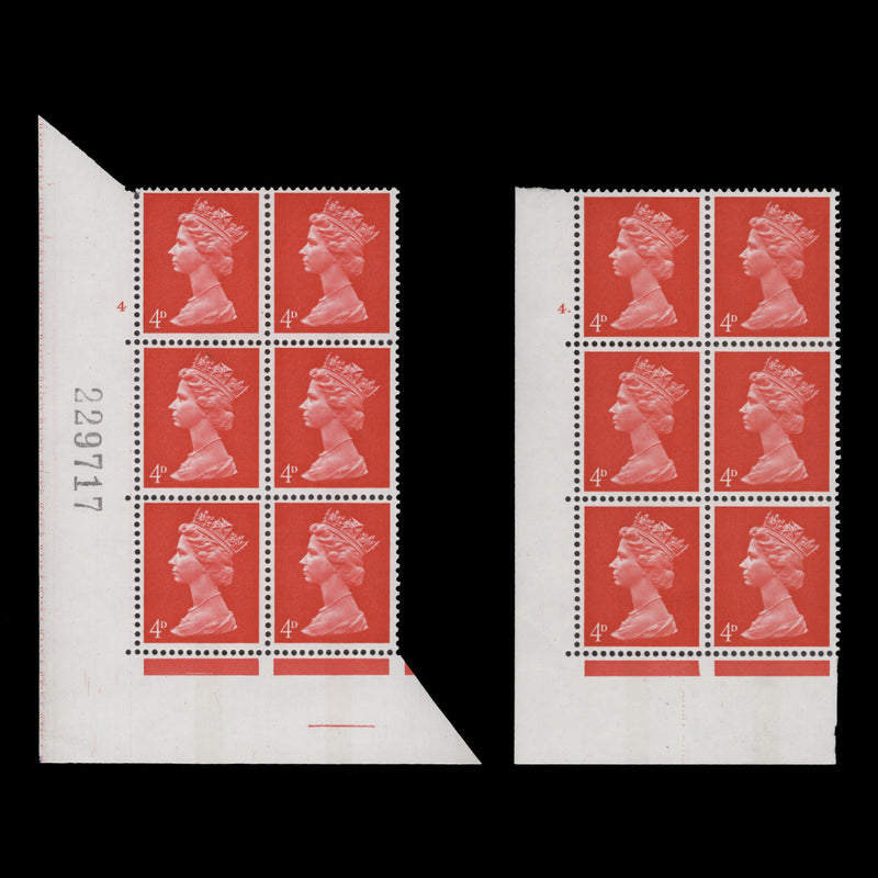Great Britain 1969 (MNH) 4d Bright Vermilion cylinder 4 and 4. blocks
