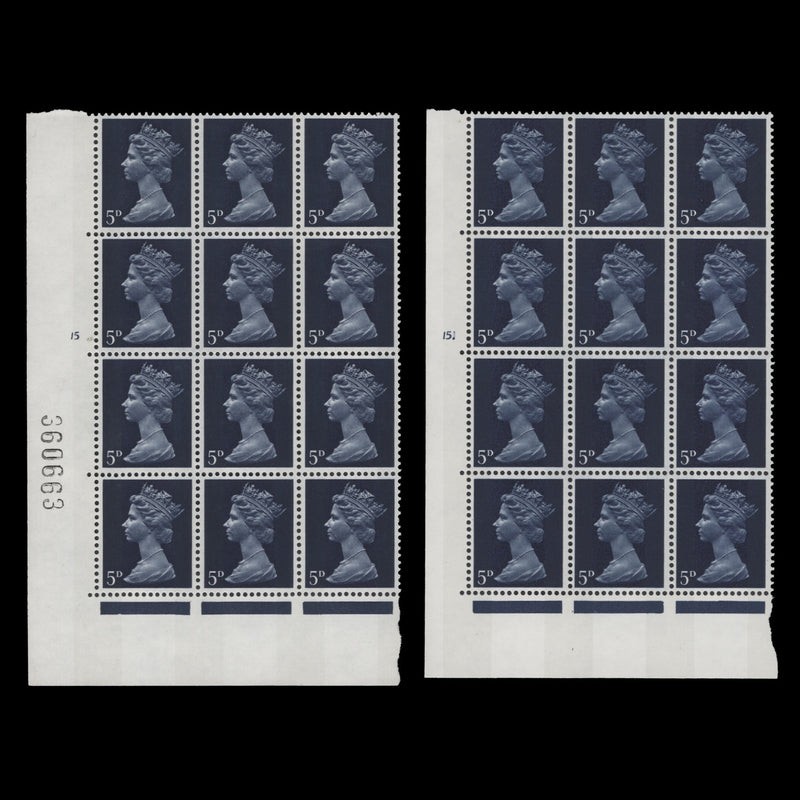 Great Britain 1968 (MNH) 5d Deep Blue cylinder 15 and 15. blocks