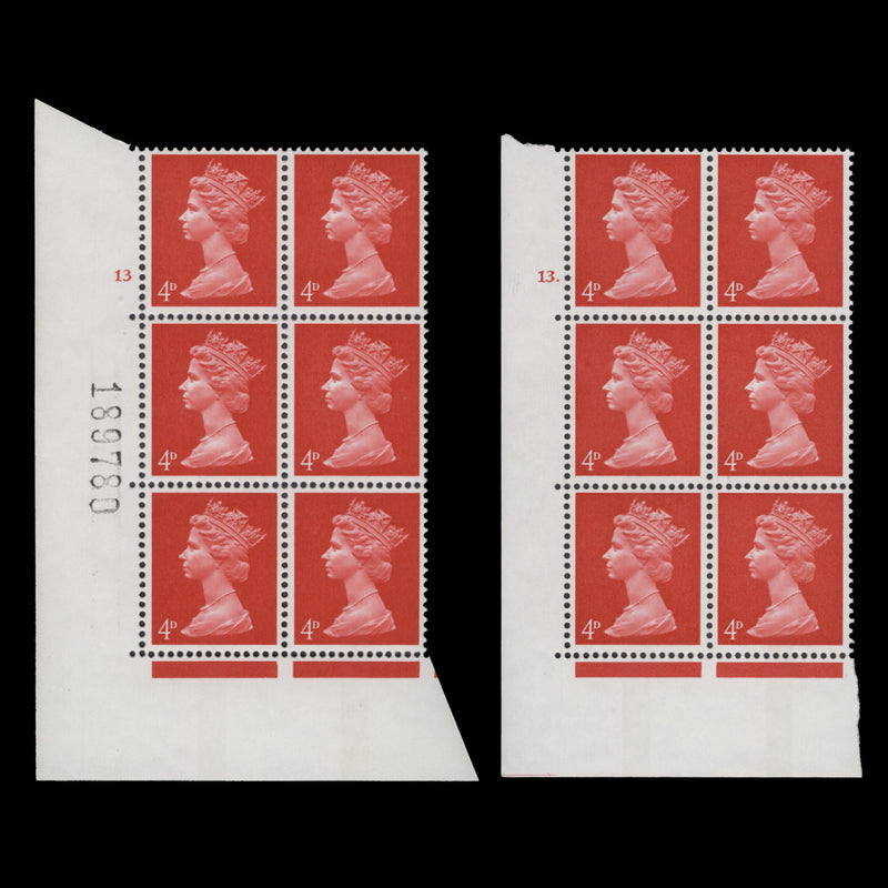 Great Britain 1969 (MNH) 4d Bright Vermilion cylinder 13 and 13. blocks