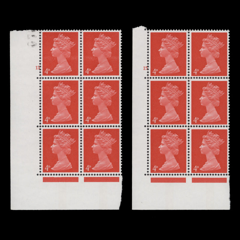 Great Britain 1969 (MNH) 4d Bright Vermilion cylinder 15 and 15. blocks