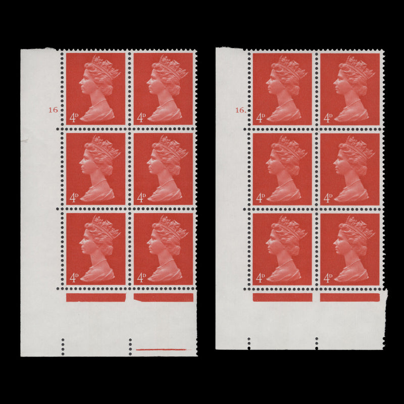 Great Britain 1969 (MNH) 4d Bright Vermilion cylinder 16 and 16. blocks