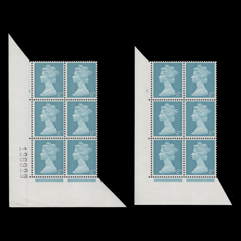 Great Britain 1969 (MNH) 8d Light Turquoise-Blue cylinder blocks