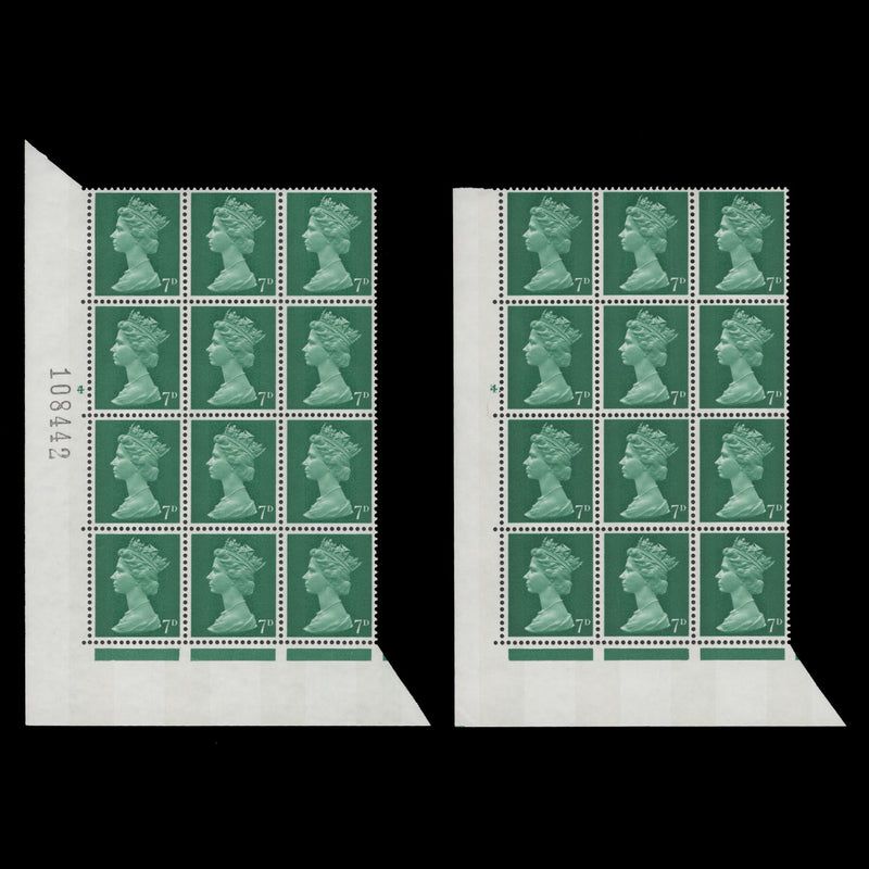 Great Britain 1968 (MNH) 7d Bright Emerald cylinder 4 and 4. blocks