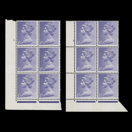 Great Britain 1967 (MNH) 1s Light Bluish Violet cylinder 3 and 3. blocks