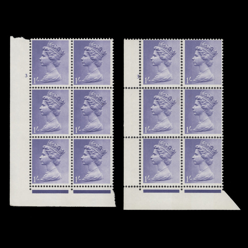 Great Britain 1967 (MNH) 1s Light Bluish Violet cylinder 3 and 3. blocks