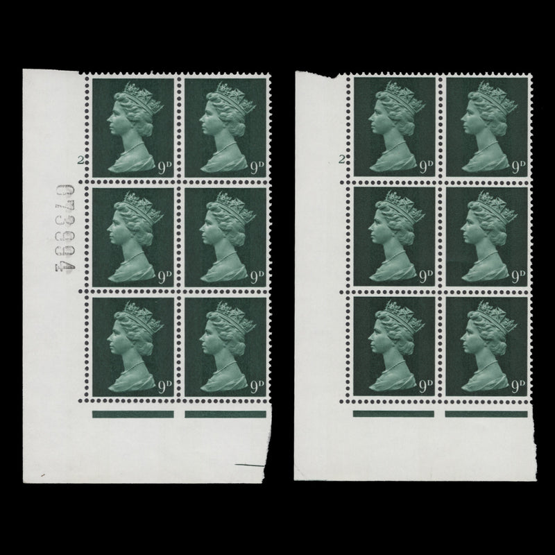 Great Britain 1968 (MNH) 9d Myrtle-Green cylinder 2 and 2. blocks