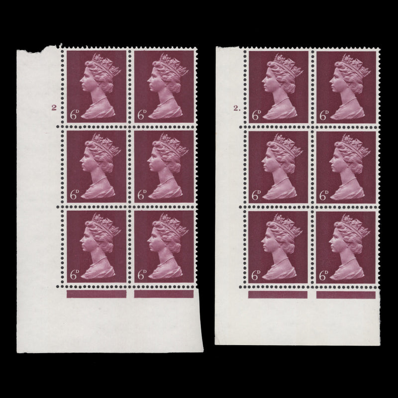 Great Britain 1968 (MNH) 6d Bright Reddish Purple cyl 2 and 2. blocks