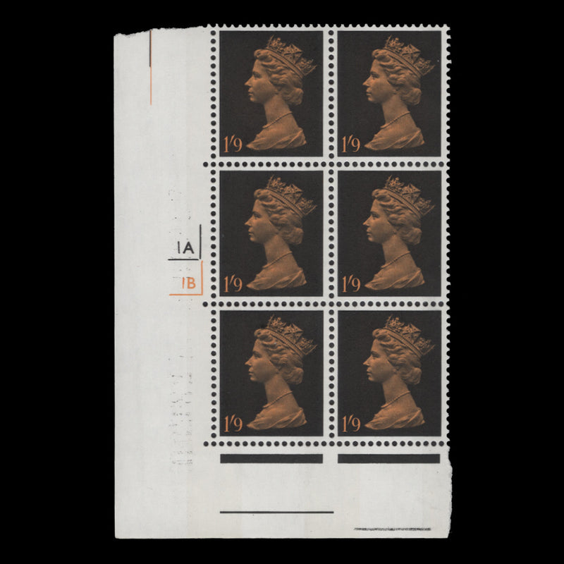 Great Britain 1970 (MNH) 1s 9d Black & Bright Orange cyl 1A–1B block