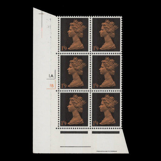 Great Britain 1967 (MNH) 1s 9d Black & Bright Orange cylinder block
