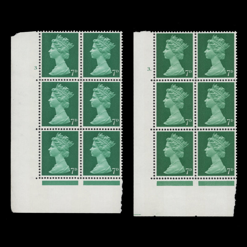 Great Britain 1968 (MNH) 7d Bright Emerald cylinder 3 and 3. blocks