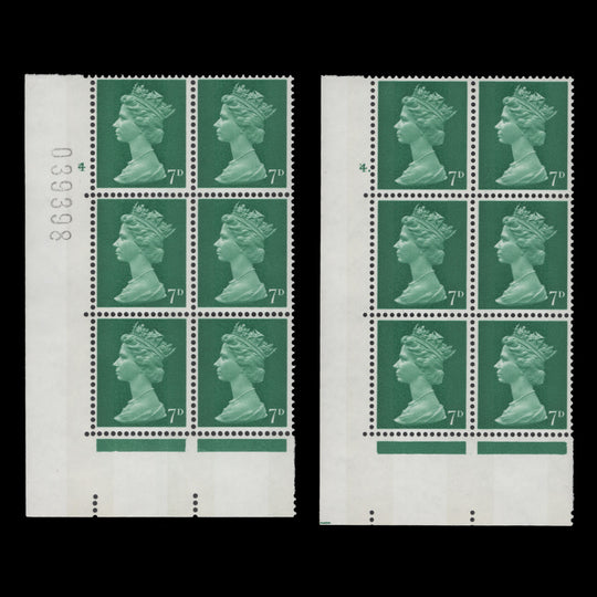 Great Britain 1968 (MNH) 7d Bright Emerald cylinder 4 and 4. blocks
