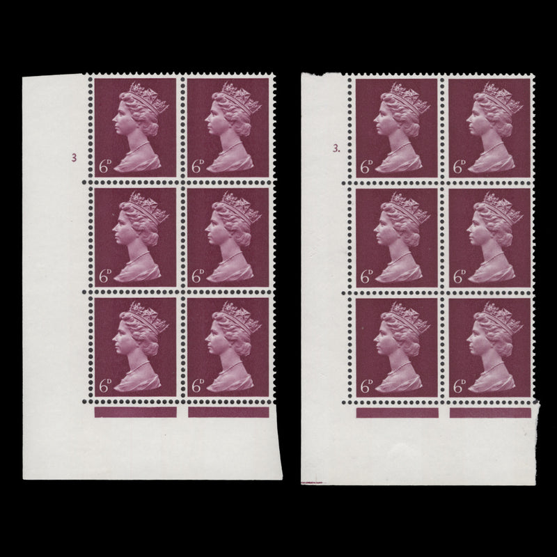 Great Britain 1968 (MNH) 6d Bright Reddish Purple cylinder 3 and 3. blocks