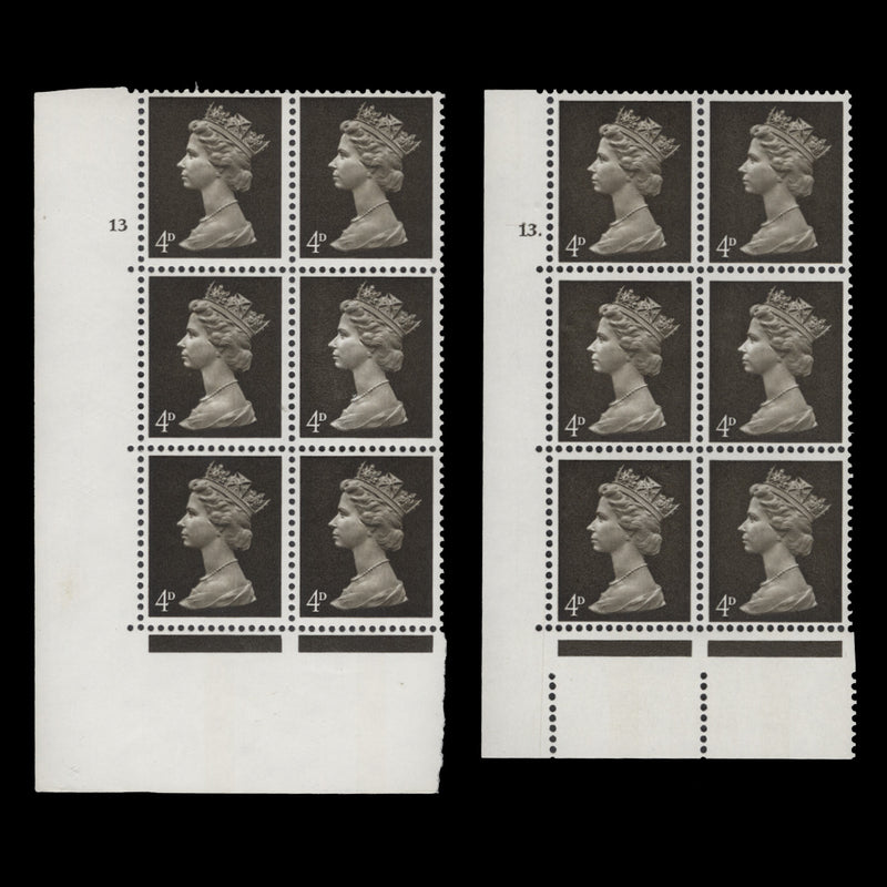 Great Britain 1968 (MNH) 4d Deep Olive-Brown cyl 13 and 13. blocks
