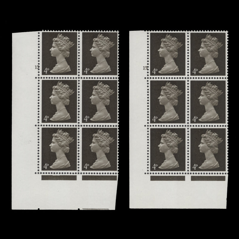 Great Britain 1968 (MNH) 4d Deep Olive-Brown cyl 15 and 15. blocks