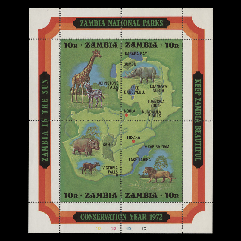 Zambia 1972 (MNH) National Parks miniature sheet, plate 1D–1D–1D–1D