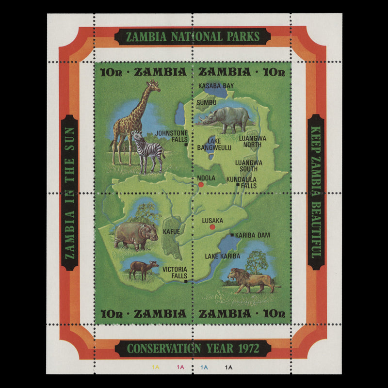 Zambia 1972 (MNH) National Parks miniature sheet, plate 1A–1A–1A–1A