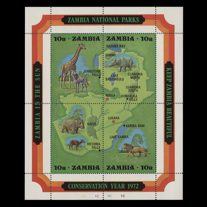 Zambia 1972 (MNH) National Parks miniature sheet, plate 1C–1C–1C–1C