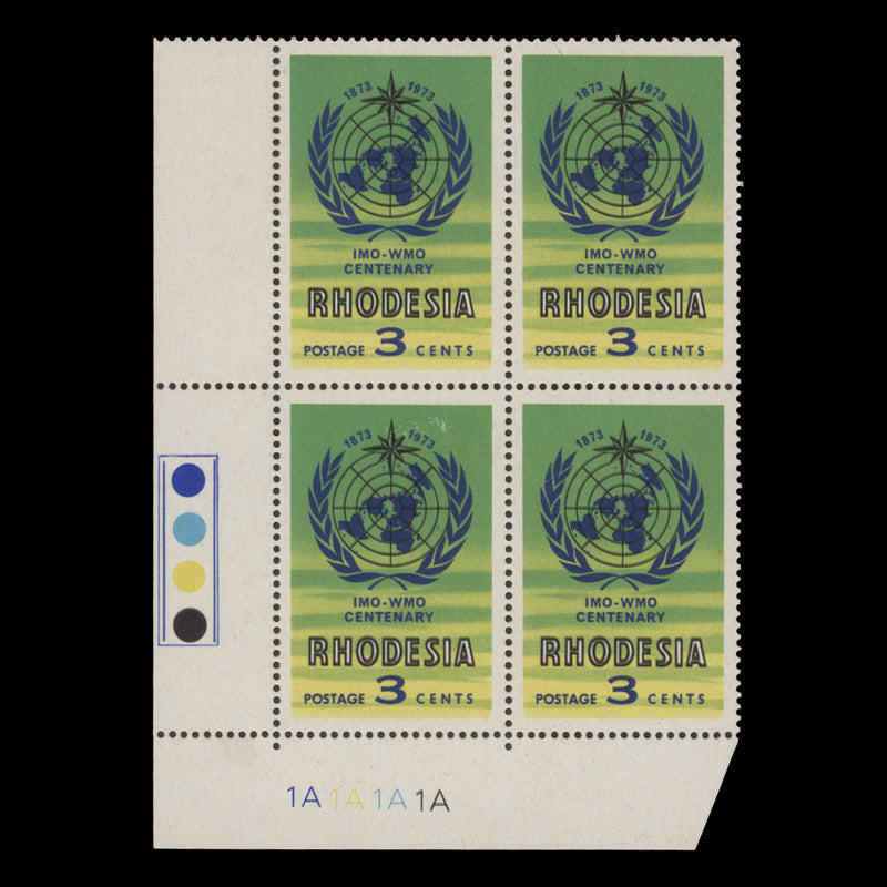 Rhodesia 1973 (Variety) 3c IMO/WMO Centenary plate block with black double