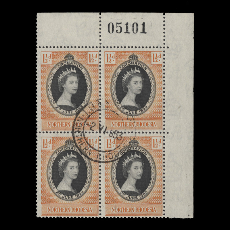 Northern Rhodesia 1953 (Used) 1½d Coronation sheet number block