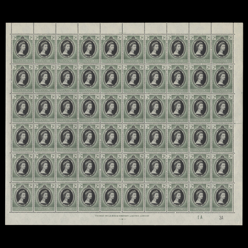 Jamaica 1953 (MNH) 2d Coronation plate 1A–3A pane of 60 stamps