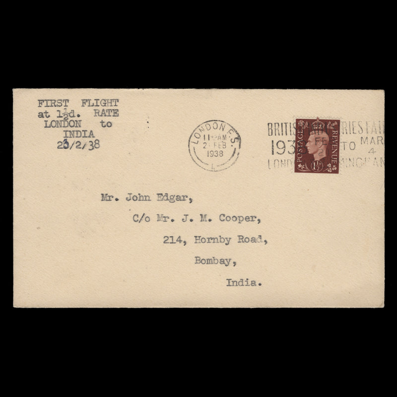 Great Britain 1938 (Used) 1½d King George VI Definitive flight cover