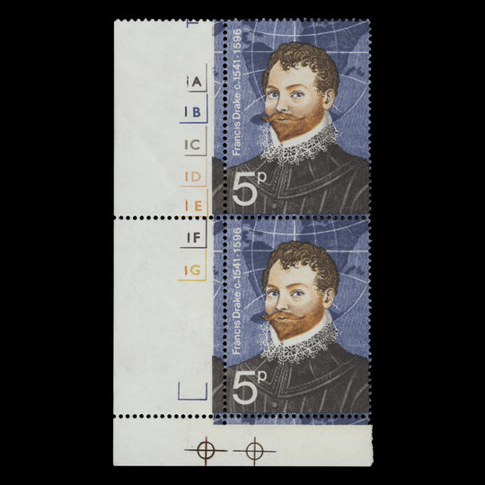 Great Britain 1973 (Variety) 5p British Explorers cylinder pair missing gold. SG925a