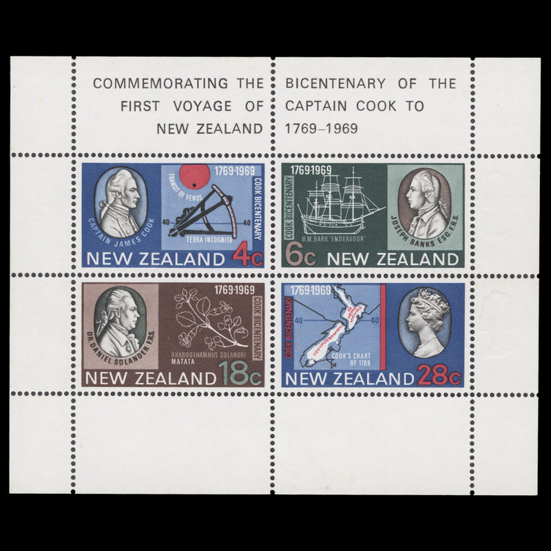 New Zealand 1969 (Variety) Cook's Landing miniature sheet with embossing shiift
