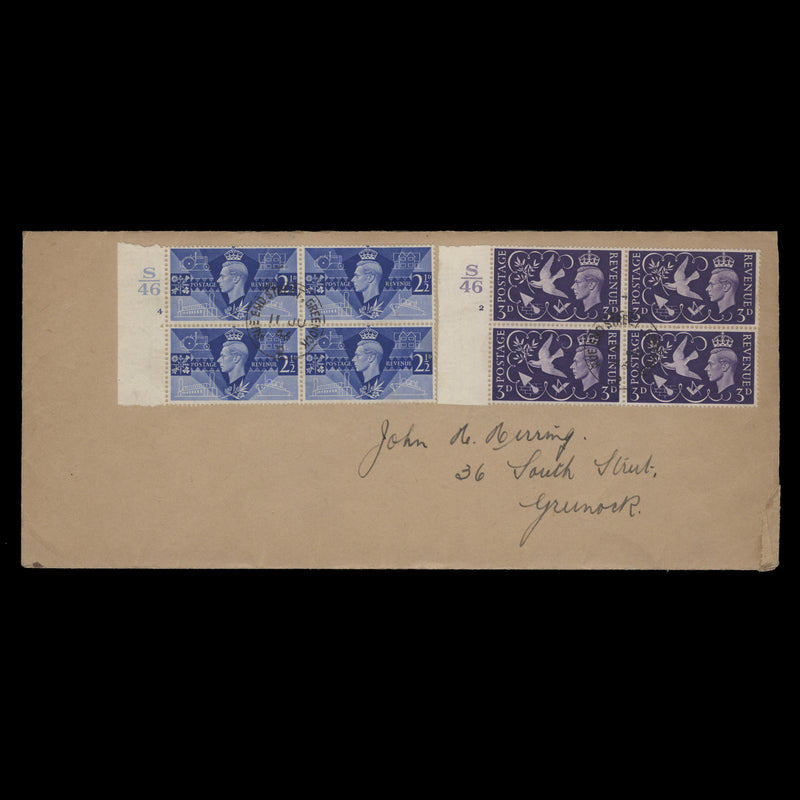 Great Britain 1946 (FDC) Return to Peace cylinder blocks, GREENOCK