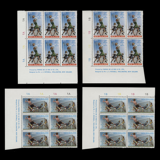 New Zealand 1970 (MNH) Children Playing Sports imprint/plate blocks