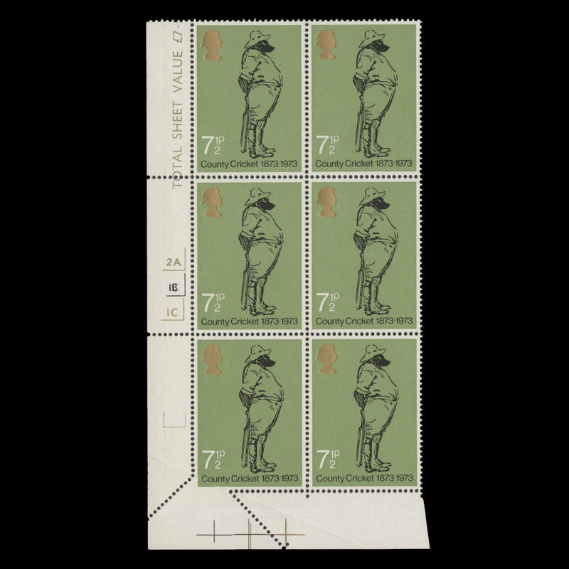 Great Britain 1973 (Variety) 7½p County Cricket misperf cylinder block