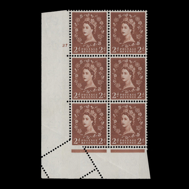 Great Britain 1958 (Variety) 2d Red-Brown Wilding cyl block with misperf