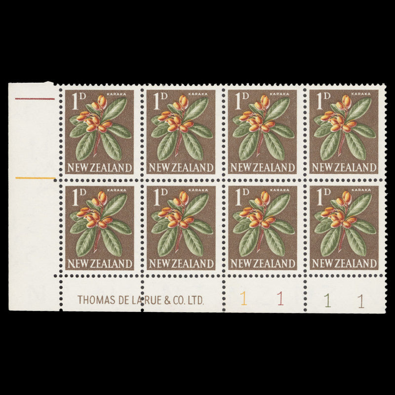 New Zealand 1960 (MNH) 1d Karaka imprint/plate block, ordinary