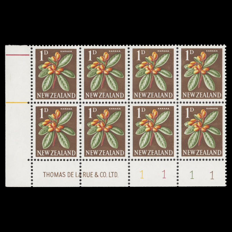 New Zealand 1965 (MNH) 1d Karaka imprint/plate block, chalk-surfaced