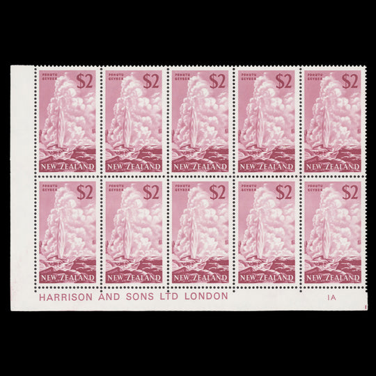 New Zealand 1967 (MNH) $2 Pohutu Geyser imprint/plate block