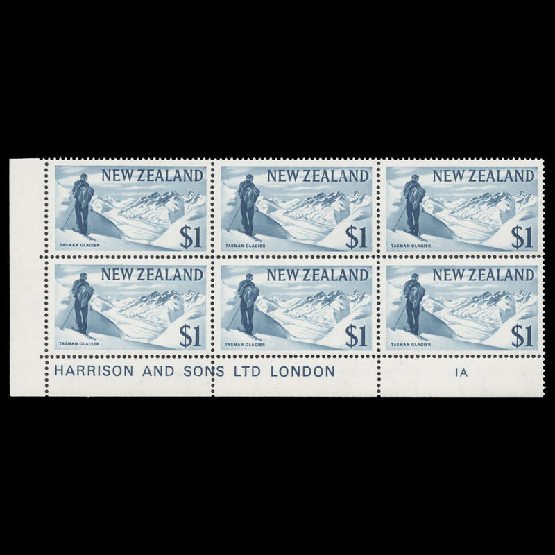 New Zealand 1967 (MNH) $1 Tasman Glacier imprint/plate block, PVA gum