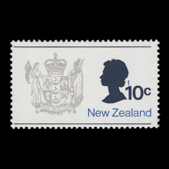 New Zealand 1973 (Variety) 10c Coat of Arms missing red, striated gum