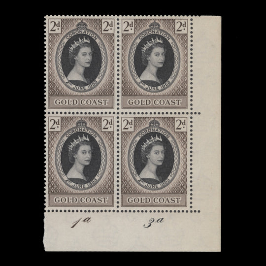 Gold Coast 1953 (MNH) 2d Coronation plate 1a–3a block