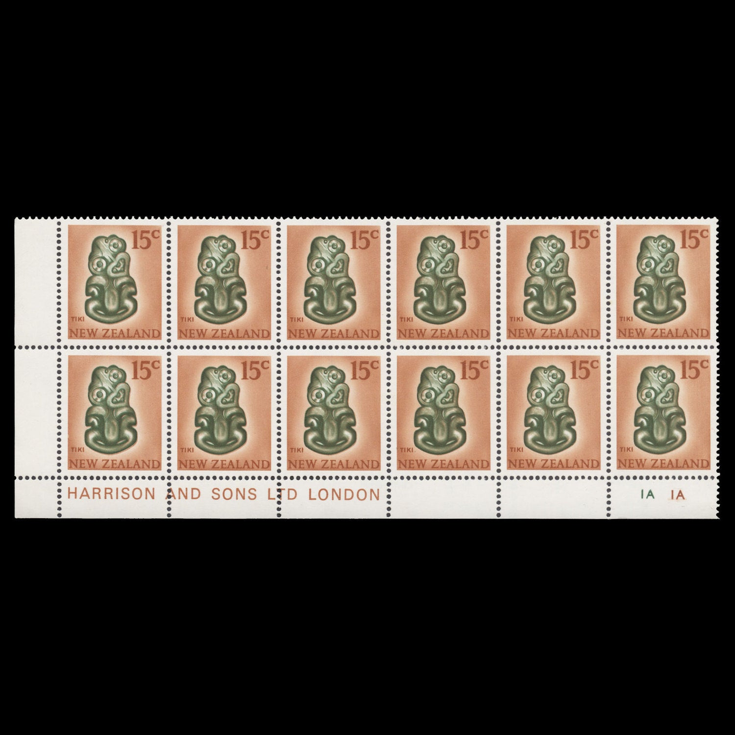New Zealand 1967 (Variety) 15c Tiki plate block with inverted watermark ...