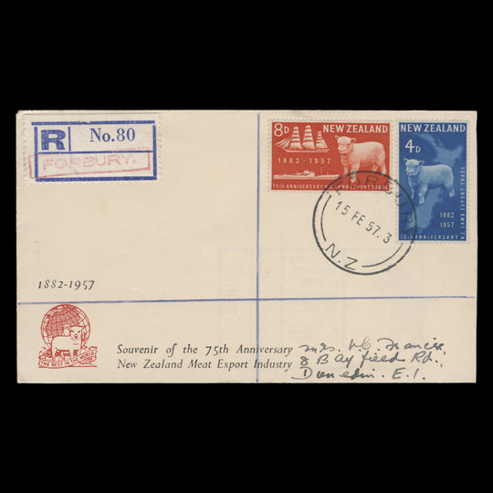 New Zealand 1957 Lamb Export Anniversary first day cover, FORBURY