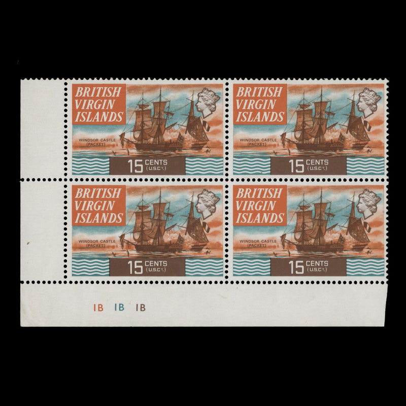 British Virgin Islands 1974 (MNH) 15c Windsor Castle plate block, perf 13½ x 13½